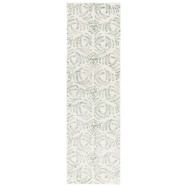 Martha Stewart 2 ft. x 8 ft. Ivory/Green Faded Ornate Runner Rug