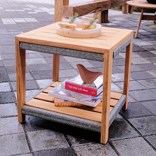 Cambridge Casual Nassau Teak Wood Patio Side Table with Shelf 