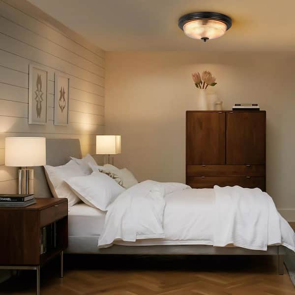 Pospisil 14.5 in. 2-Light Vintage Modern Black Cone Textured Glass Flush Mount Light with Glass Shade