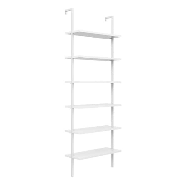 Nathan James Theo 85 In Matte White, Stairway Black Wall Mounted Bookcase 96 Height