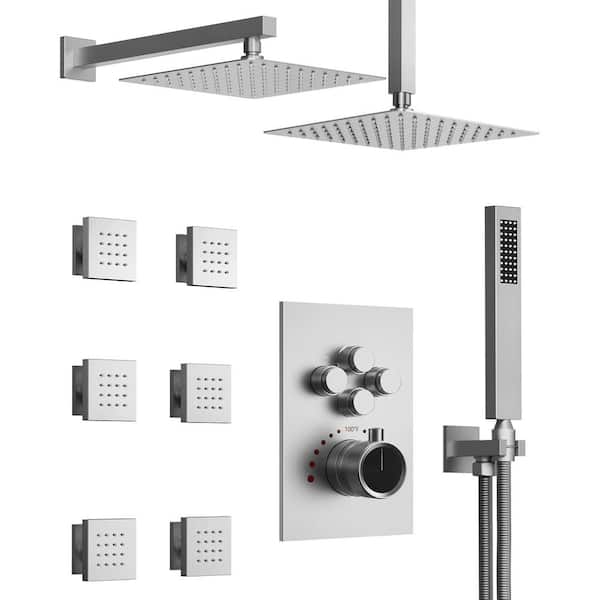 GRANDJOY 15-Spray Dual Showerheads Wall Mount 12 in. Fixed and Handheld Shower Head 2.5 GPM in Brushed Nickel Valve Included