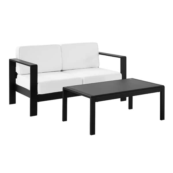 Kelten Powder Black 2-Piece Aluminum 2-Seater Patio Conversation Set with White Polyester Cushions