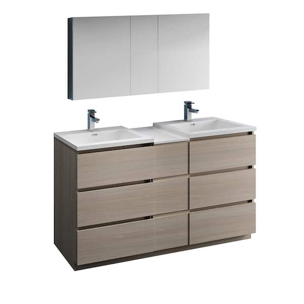 Fresca Lazzaro 60 in. Modern Double Bathroom Vanity in Gray Wood with Vanity Top in White with White Basins, Medicine Cabinet