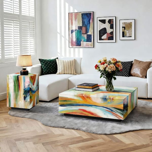 THKSHOUZ Multicolor 35.4 in. W x 11.8 in. H Square Modern Glass