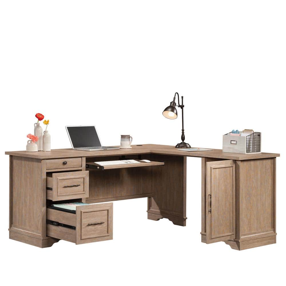 Brushed Oak L-Shaped Executive Desk with Drawers and Keyboard Tray