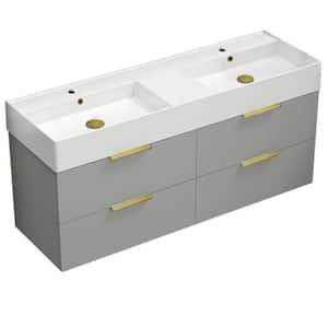 Derin 55.51 in. W x 18.11 in. D x 25.2 H Double Sinks Wall Mounted Bathroom Vanity in Grey mist with White Ceramic Top