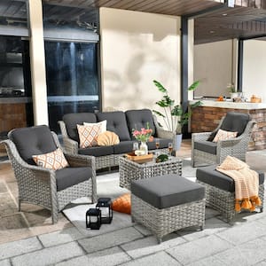 Verona Grey 5-Piece Wicker Modern Outdoor Patio Conversation Sofa Seating Set with Black Cushions