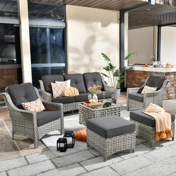 HOOOWOOO Verona Grey 5-Piece Wicker Modern Outdoor Patio Conversation Sofa Seating Set with Black Cushions