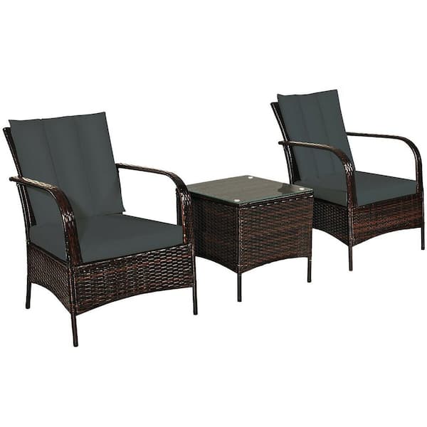 Costway Island 3-Piece Wicker Patio Conversation Set with Gray Cushions