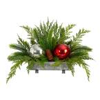 18 in. Unlit Holiday Winter Cedar Pine Artificial Table Christmas Arrangement with Ornaments, Home Decor
