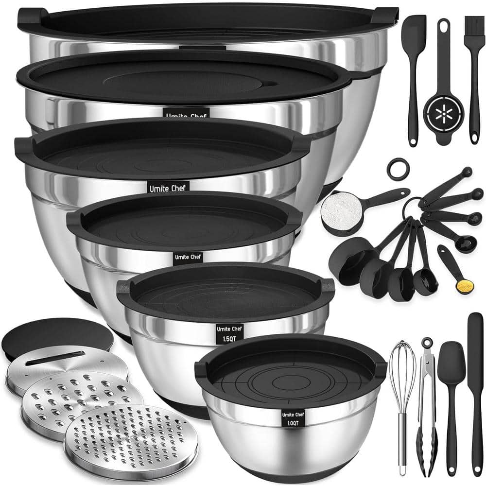 26-Piece Stainless Steel Black Mixing Bowls Set with Airtight Lids and 3-Gr