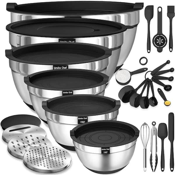 Adrinfly 26-Piece Stainless Steel Black Mixing Bowls Set with Airtight Lids and 3-Grater Attachments