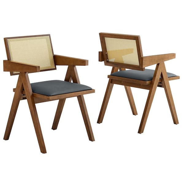 Thera Wood Dining Armchairs with Faux Leather Seat Set of 2 in Walnut Black-Mid-Century Modern Rattan Dining Chairs