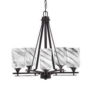 Ontario 20.75 in. 5-Light Dark Granite Geometric Chandelier for Dinning Room with Onyx Swirl Shades No Bulbs Included