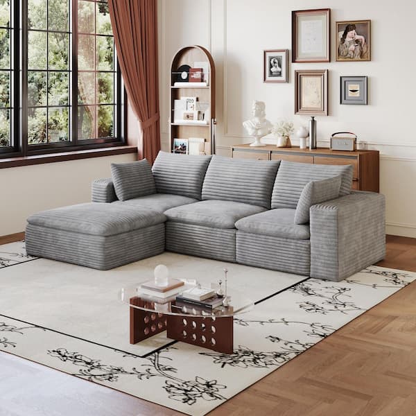 Billie 102.4 in. Square Arms 4-Piece Corduroy Modular Compressed Sectional Sofa in Grey with Ottoman