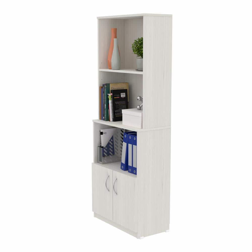 White Oak Adjustable Bookshelf with Cabinet and Metal Handles