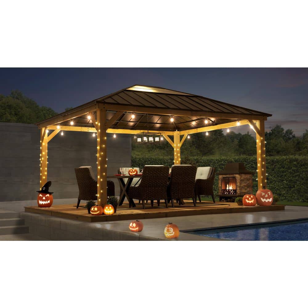 Large Brown Cedar and Steel Hardtop Gazebo for Outdoor Living