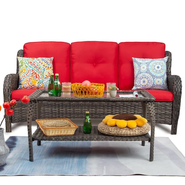 Sudzendf 2-Piece Rattan Wicker Outdoor Patio Conversation Sectional Sofa with Red Cushions and Coffee Table
