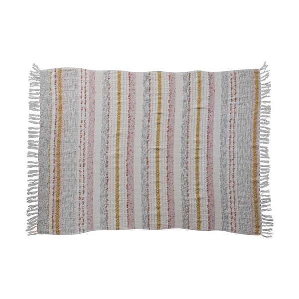 Storied Home Multicolor Woven Cotton Striped and Embroidered Throw Blanket