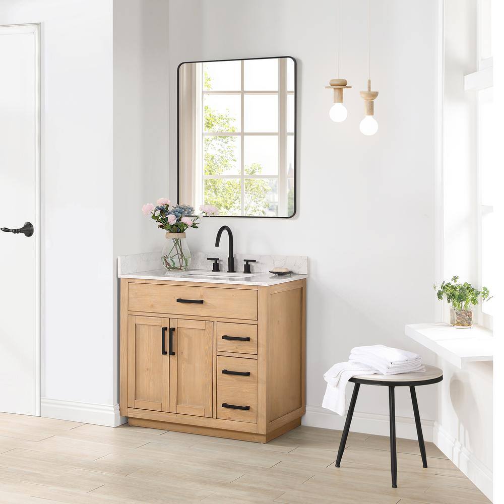 Gavino 36" Light Brown Wood Vanity with Composite Stone Top and Mirror