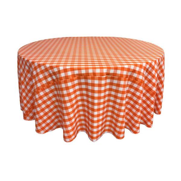 132 in. White and Orange Polyester Gingham Checkered Round Tablecloth