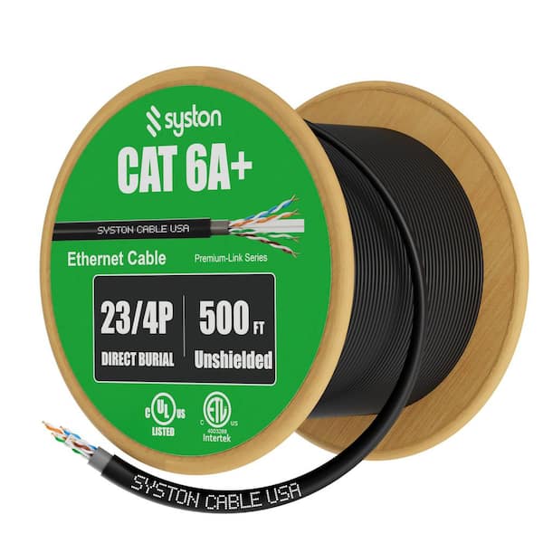 500 ft. Cat 6A+ Direct Burial Ethernet Network Cable 700 MHz Outside Plant Waterproof Dual-Layer Jacket Outdoor-Black