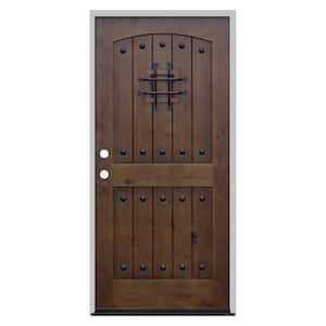 36 in. x 80 in. Walnut Right-Hand Inswing Arched 2-Panel V-Groove Speak Easy Stained Alder Prehung Front Door