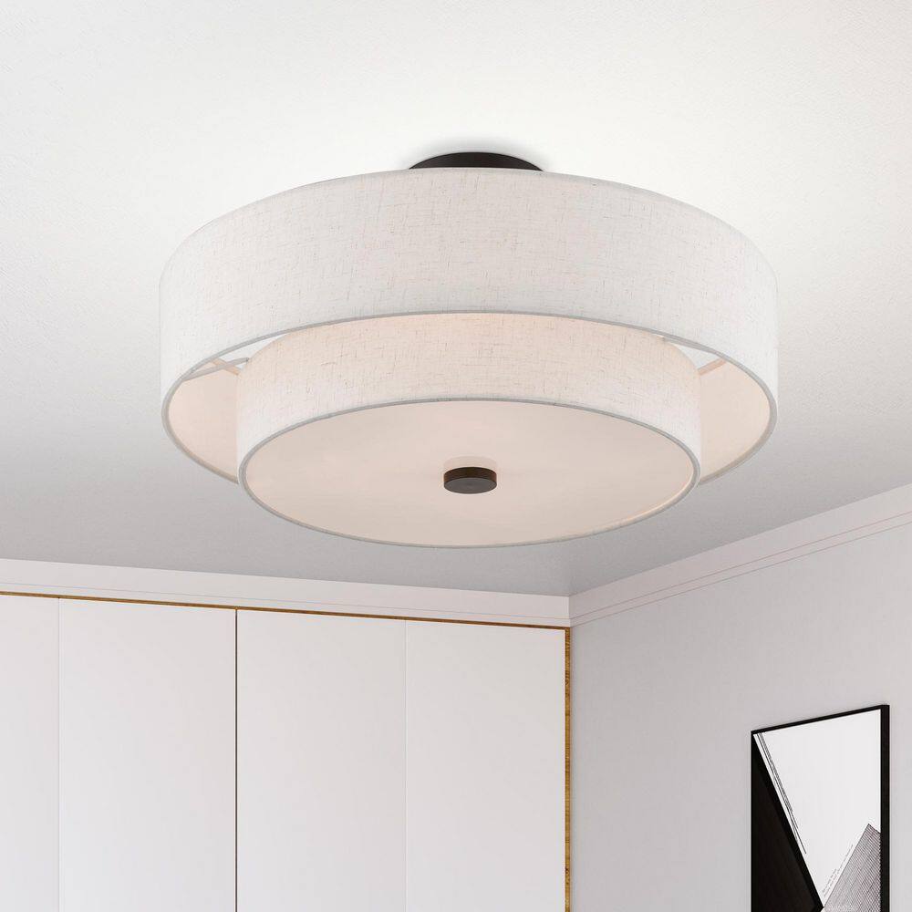 English Bronze 4-Light Indoor/Outdoor Drum Ceiling Fixture with Oatmeal Shade