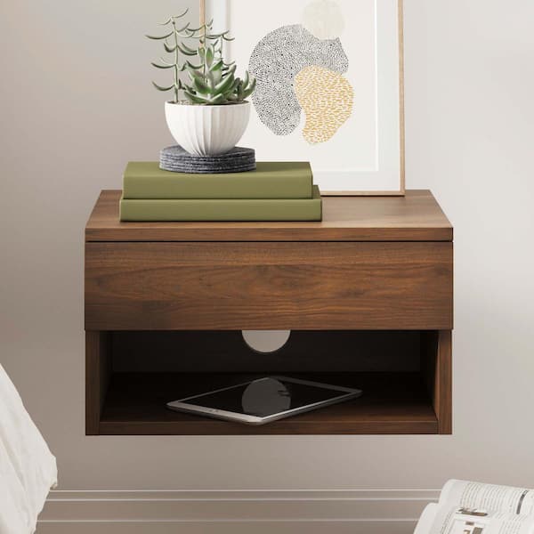 Jackson Dark Wood Modern Floating Bedroom Nightstand with Storage Drawer and Shelf Cubby, 13" L x 9" H x 16" W, Set of 2