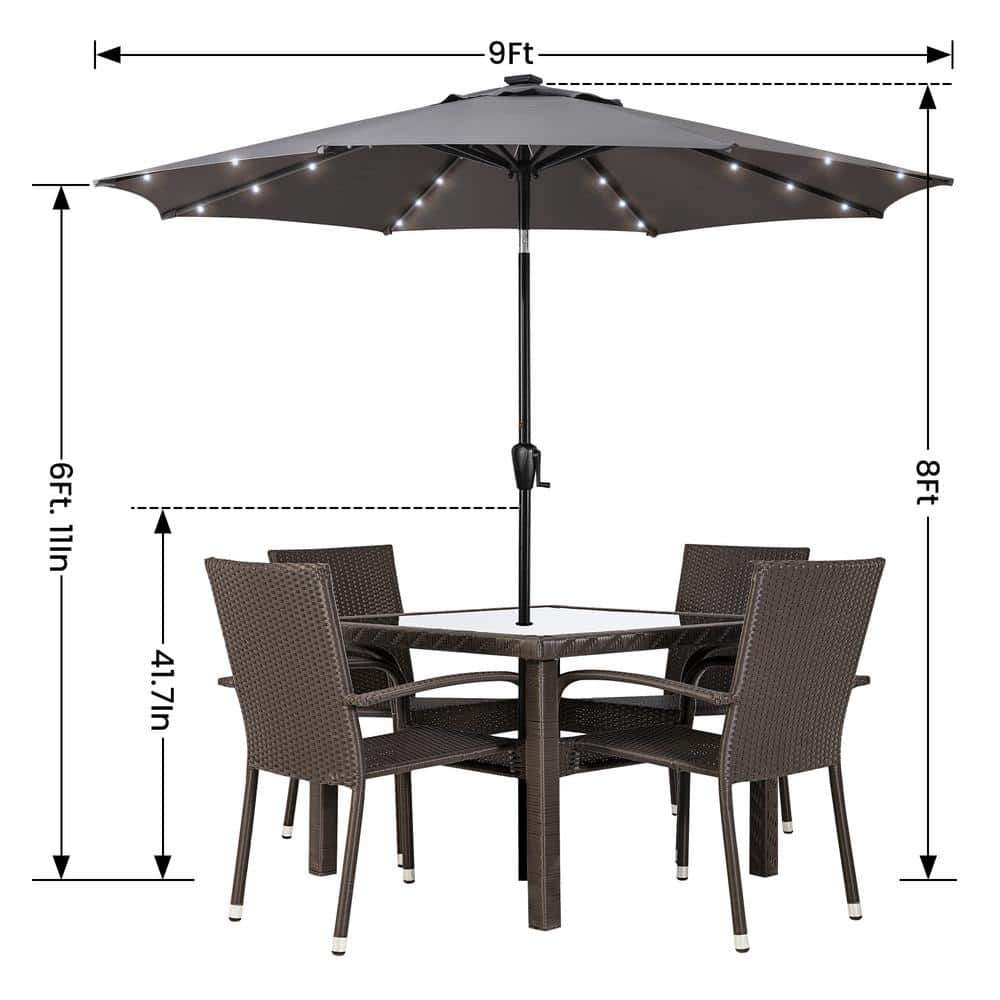 Gray 9' Round Steel Patio Umbrella with Solar LED Lights
