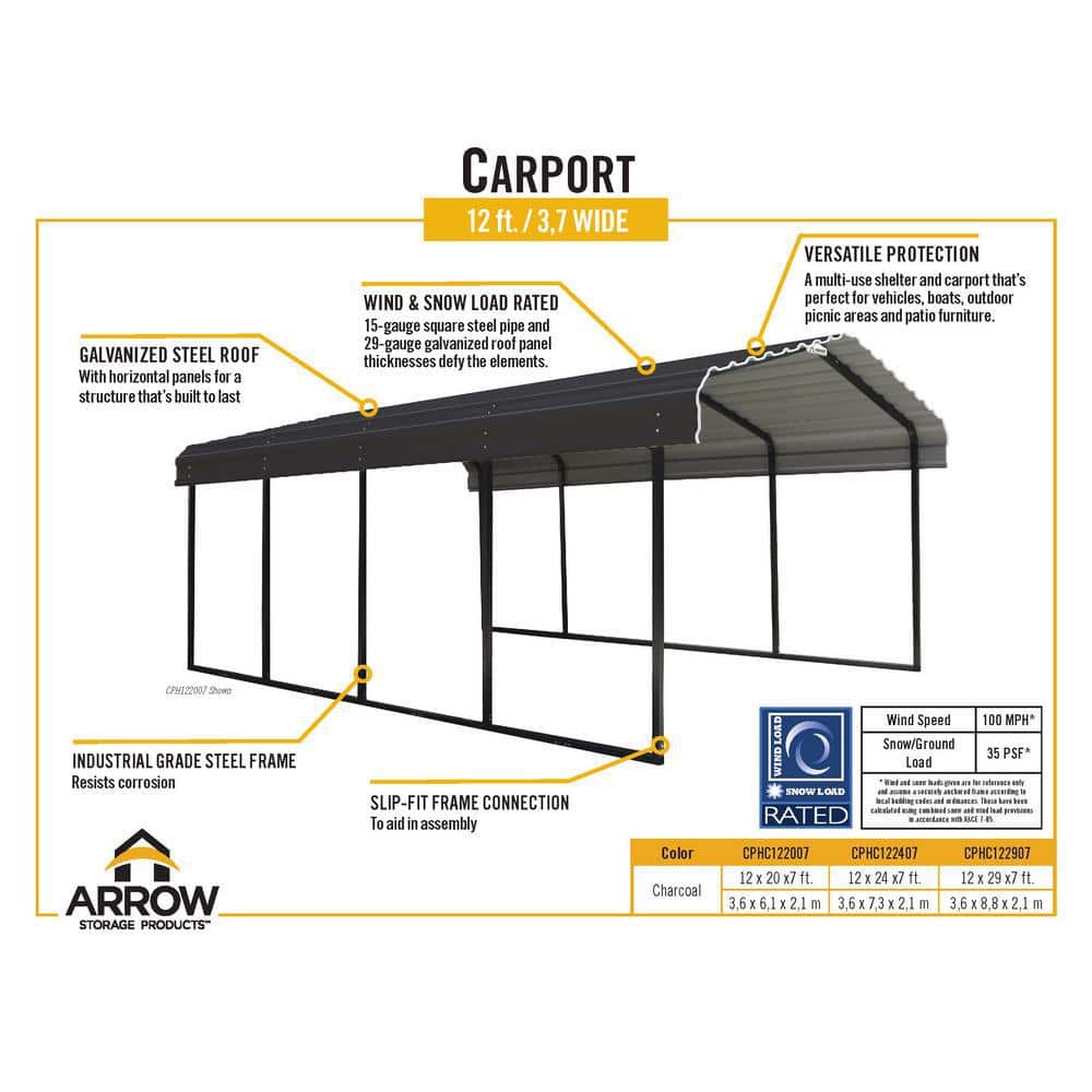 Charcoal Galvanized Steel Carport Kit with Powder Coated Frame