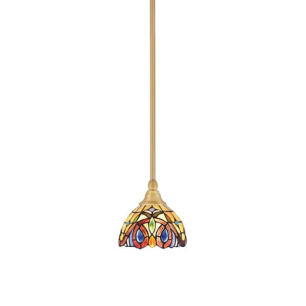 Unbranded Sparta 100-Watt 1-Light New Age Brass Shaded Pendant Light Mini Pendant with Lynx Art Glass and No Bulb Included