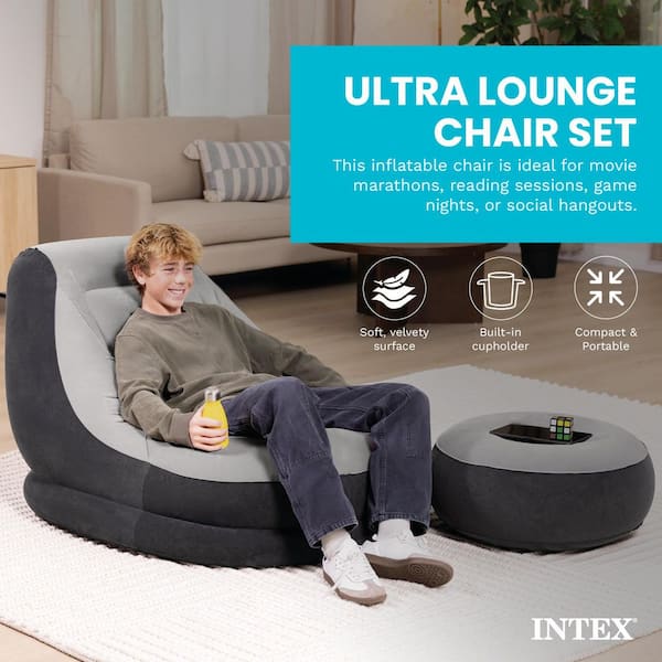 Intex Twin Size Inflatable Chair with Ottoman in Black and Grey