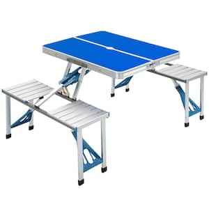 53.5 in. Blue Rectangle Aluminum Picnic Table Seats 4 People with Umbrella Hole, Folding Suitcase Outdoor Table