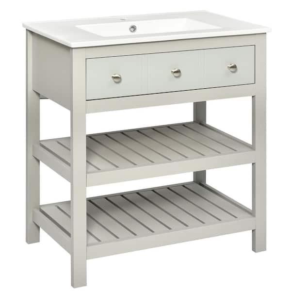 Polibi 30.30 in. W x 18.50 in. D x 33.00 in. H One Sink Bath Vanity in Gray with White Ceramic Top and Storage Shelf