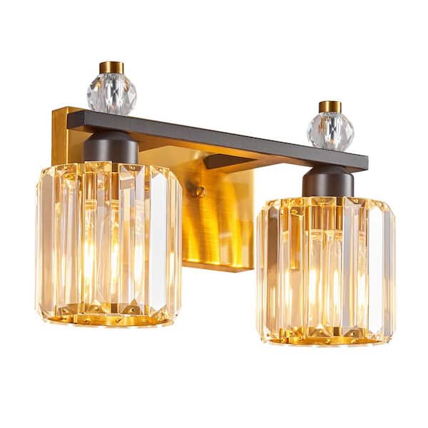 Home Lighting 13.77 in. 2-Light BlackGold Round Modern Crystal Vanity Light Fixtures Over Mirror For Bathroom (JW-291)