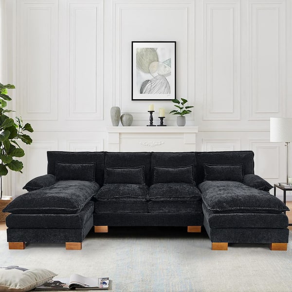 Luxurious 112.6 in. Pillows Armrests 3-Piece U-Shaped Chenille Modular Sectional Sofa Couch with Chaises in Black