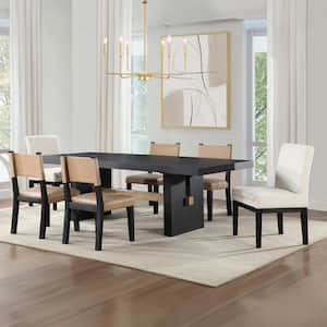 Aubrey 7-Piece Black Wood Dinning Room Set with 4-Cushioned Side Chairs and 2-Eggshell Upholstered Parsons Chairs