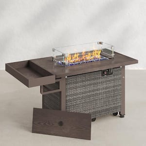 52 in. 50,000 BTU Gray Rectangular Wicker Outdoor Fire Pit Table with Storage Shelf Glass Wind Guard Lid and Dust Cover