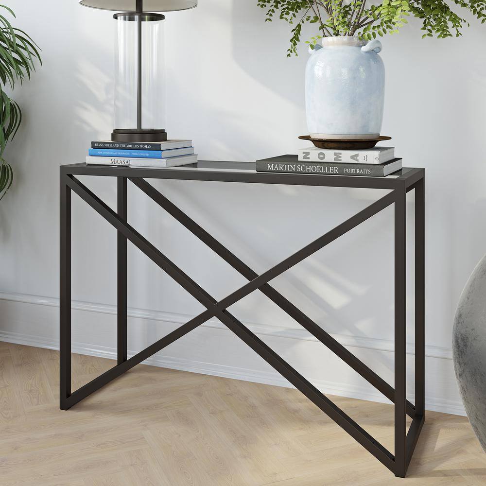 Blackened Bronze Rectangular Console Table with Tempered Glass Top