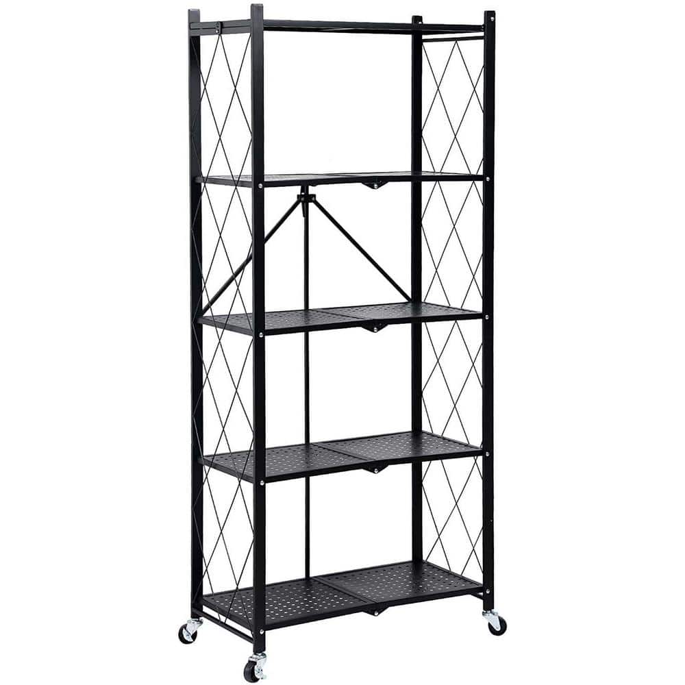 5-Tier Black Heavy Duty Foldable Metal Kitchen Cart with Wheels Moving Easi