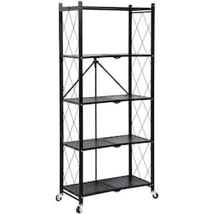 5-Tier Black Heavy Duty Foldable Metal Kitchen Cart with Wheels Moving Easily Organizer Shelves Great, 1250 lbs Capacity
