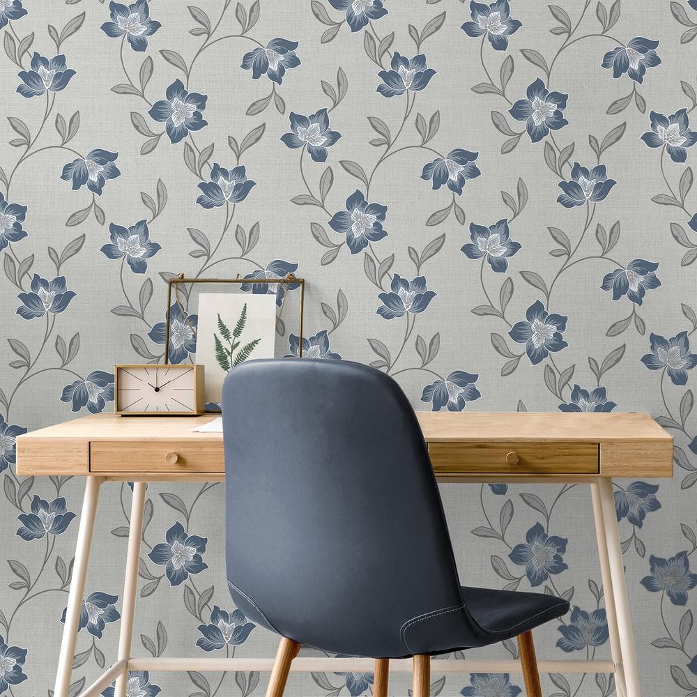 Medley Blue and Gray Vinyl Botanical Wallpaper