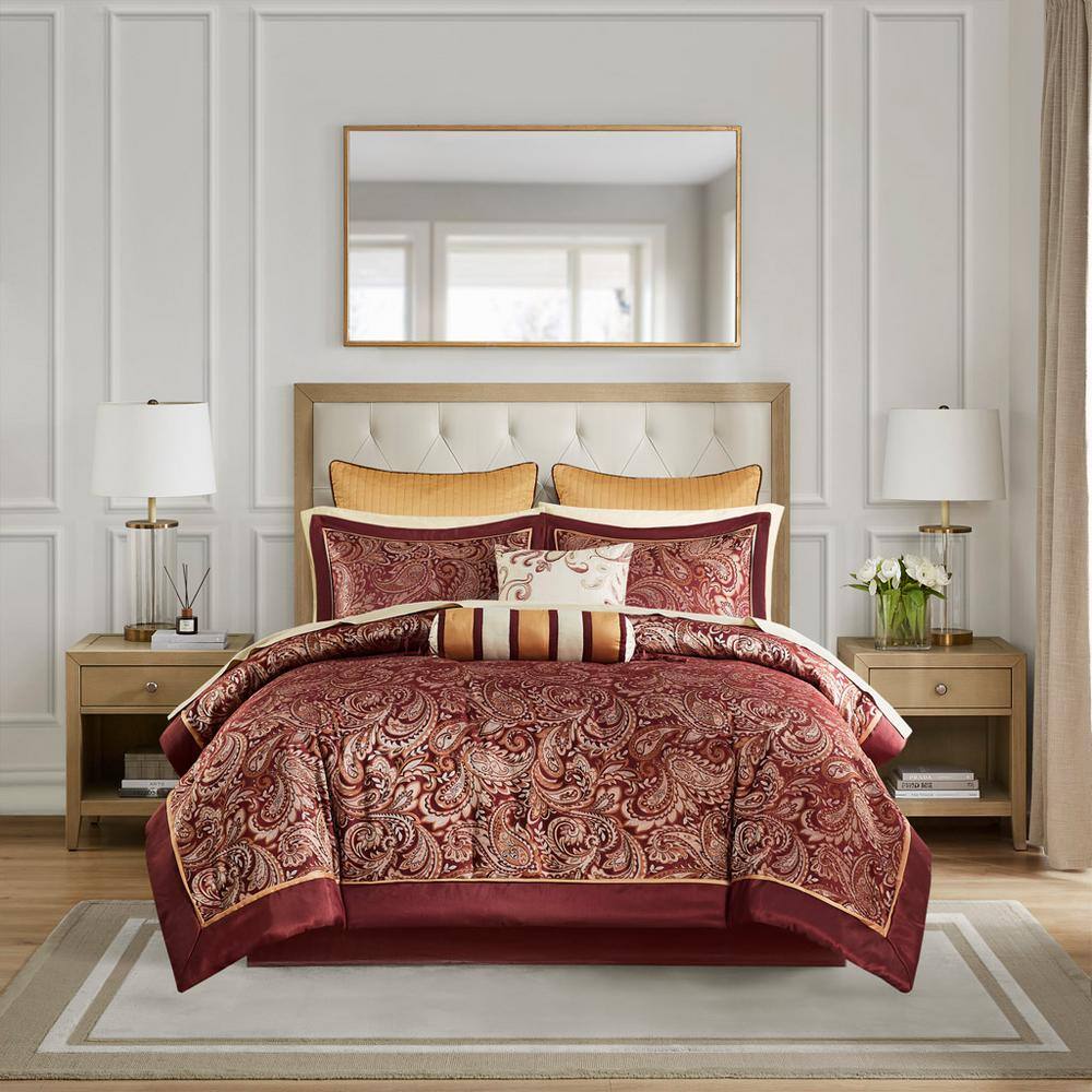 King Red Jacquard Cotton 12-Piece Comforter Set