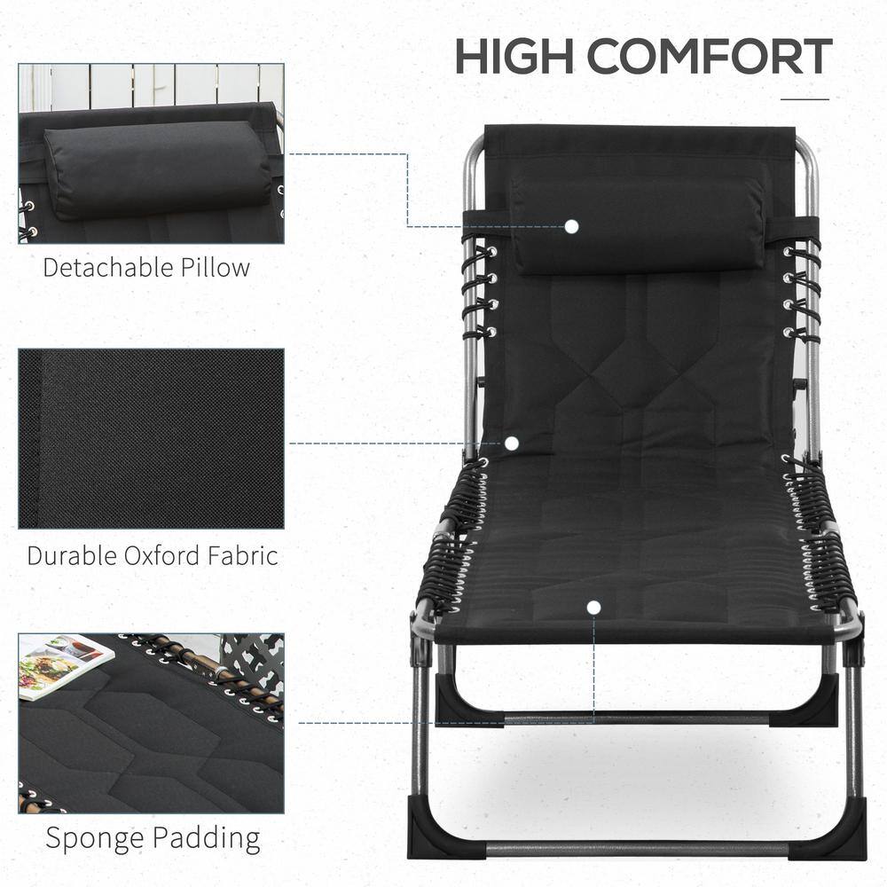 Black Padded Folding Armless Outdoor Chaise Lounge Chair