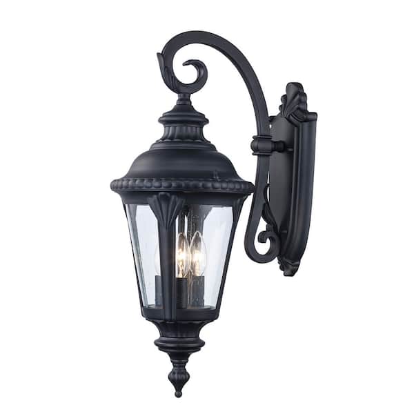 Bel Air Lighting Commons 3-Light Black Lantern Outdoor Wall Light Fixture with Seeded Glass