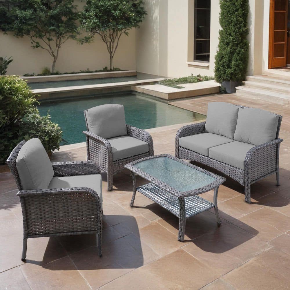 Hyacinth Gray 4-Piece Wicker Patio Outdoor Conversation Seating Set with a Coffee Table and Dark Gray Cushions price history on PriceWatchPro