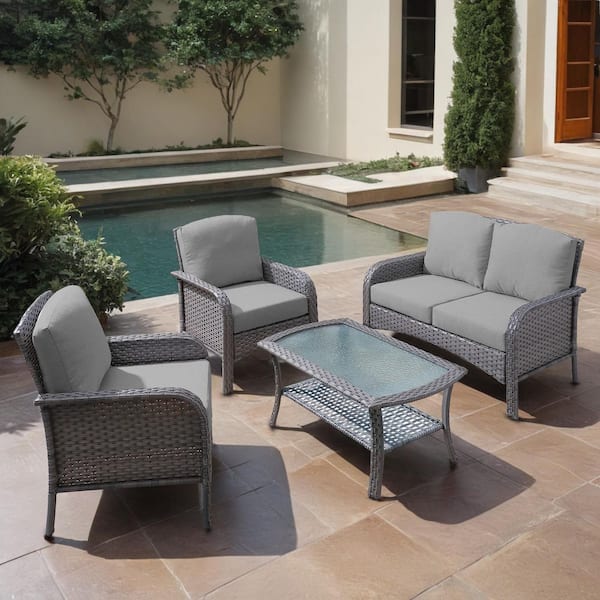 weaxty W Hyacinth Gray 4-Piece Wicker Patio Outdoor Conversation Seating Set with a Coffee Table and Dark Gray Cushions