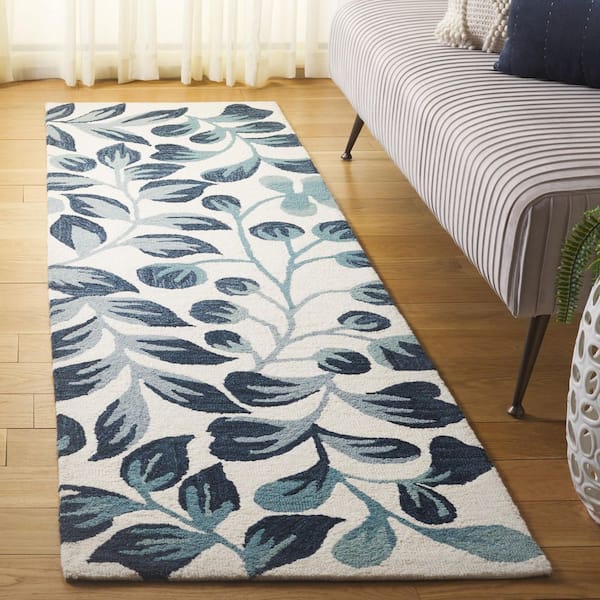 Jardin 2 ft. x 8 ft. Ivory/Blue Leaf Swirls Runner Rug