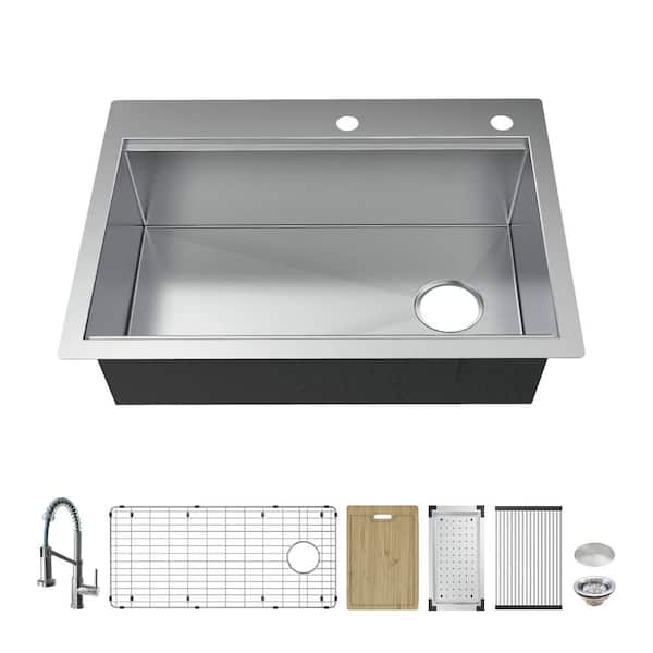 Glacier Bay Professional Zero Radius 36 in Drop-In Single Bowl 16 G Stainless Steel Workstation Kitchen Sink with Spring Neck Faucet